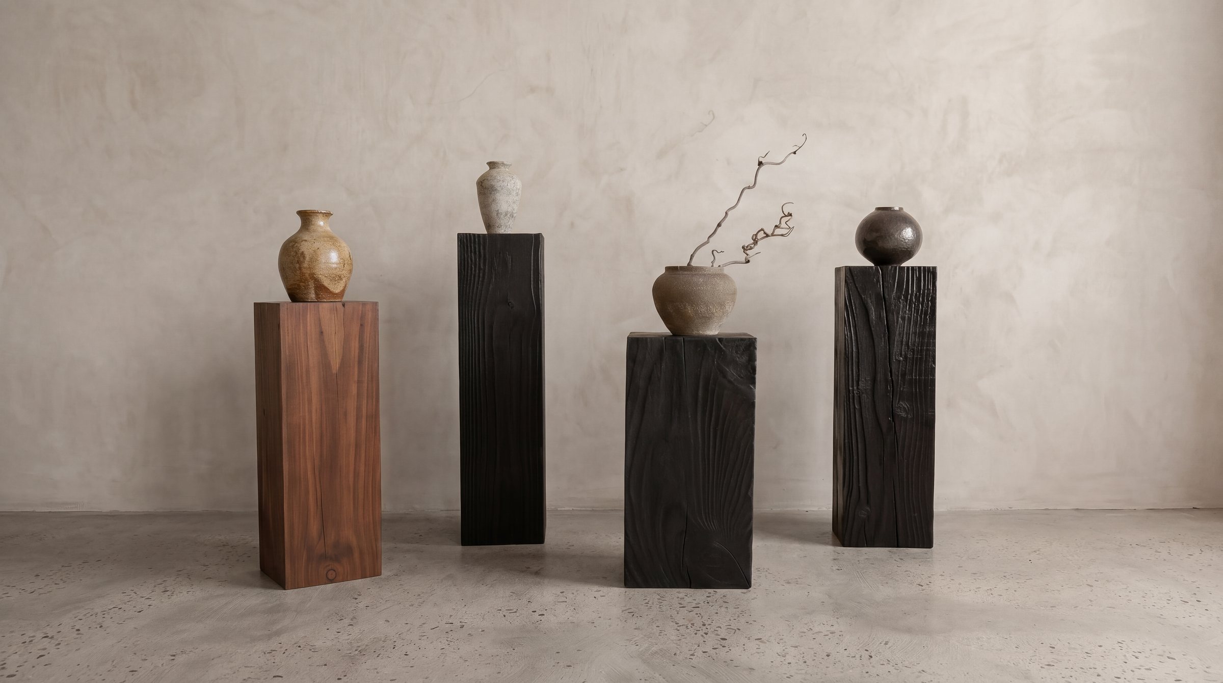 Walnut and black pedestals holding stoneware vessels against a plaster wall