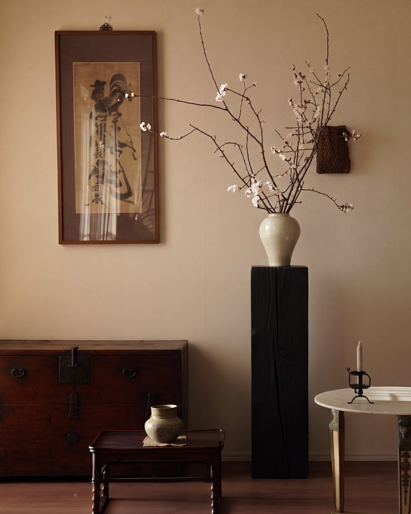 Tall black pedestal with a blossom branch arrangement in a warm room